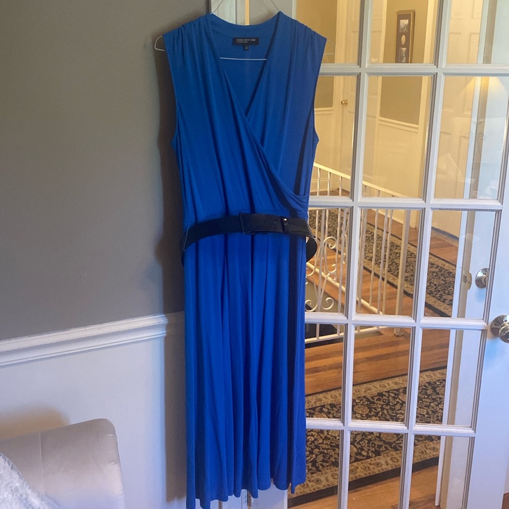 Jones New York electric blue wrap front belted midi dress.